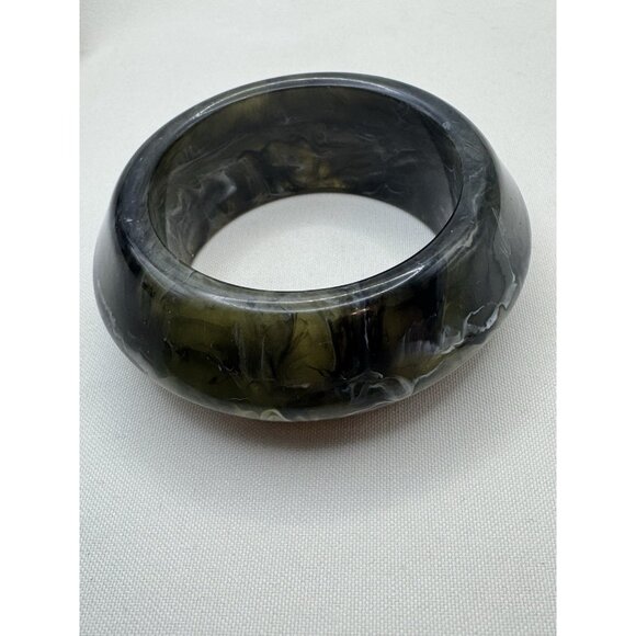 Chunky Statement Bangle Bracelet Green Olive Gray Swirl Wide Retro Acrylic 8 - Picture 6 of 6